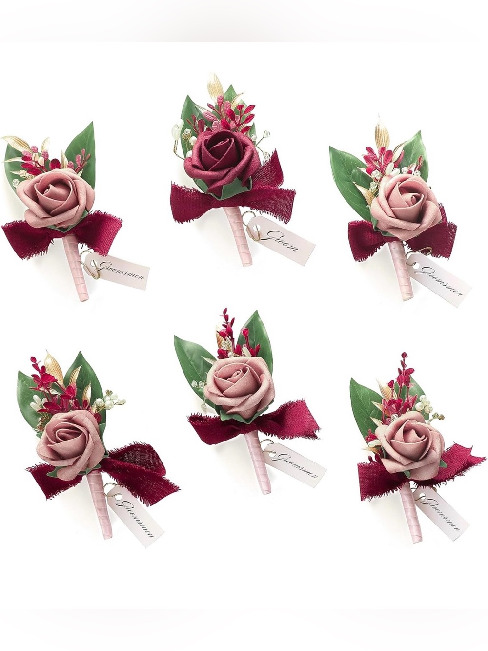 Set of 6 Blush and Burgundy Rose Boutonnières